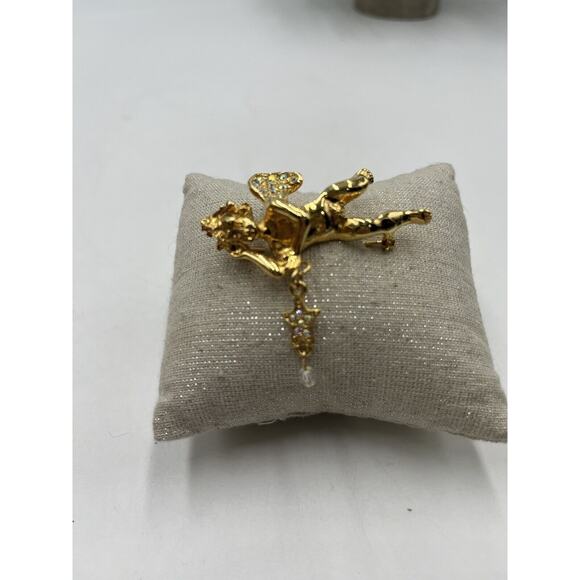 Kirks Folly Two Angel Cherub Star Crystal Gold Tone Pin Brooch - Picture 3 of 13